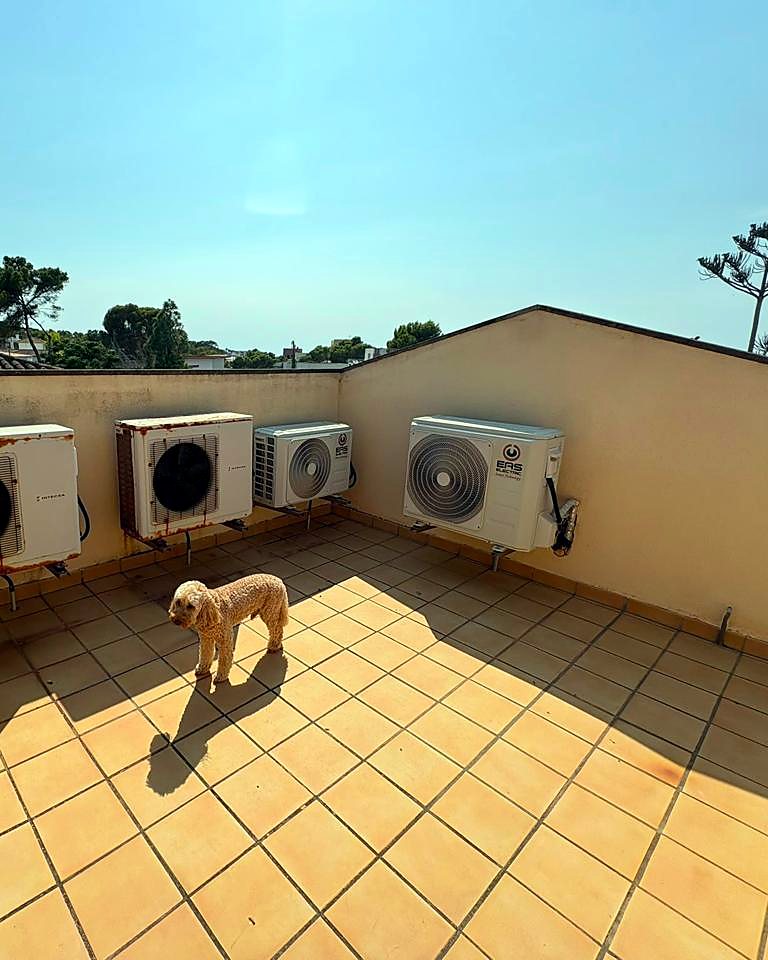 Unidades exteriores de aire acondicionado alineadas en una terraza de baldosa de barro, fuera de la vista desde la calle, con un perro tomando el sol, en Mallorca