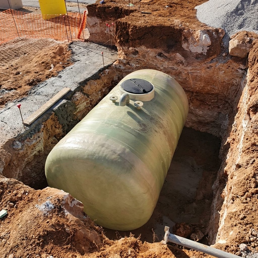 Fibreglass drainage tank set in a construction trench by JSL in Mallorca