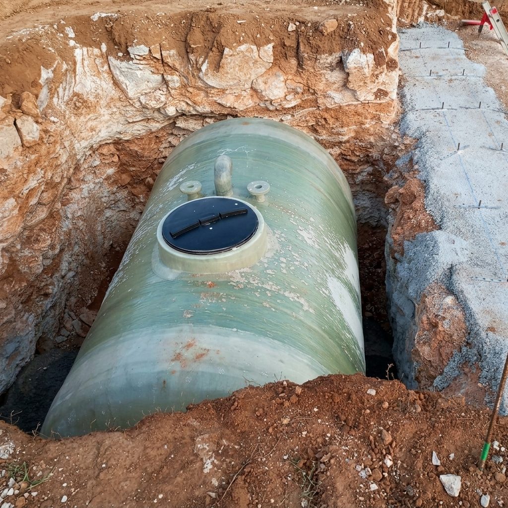 Fibreglass sewage tank buried in a rock trench by JSL in Mallorca