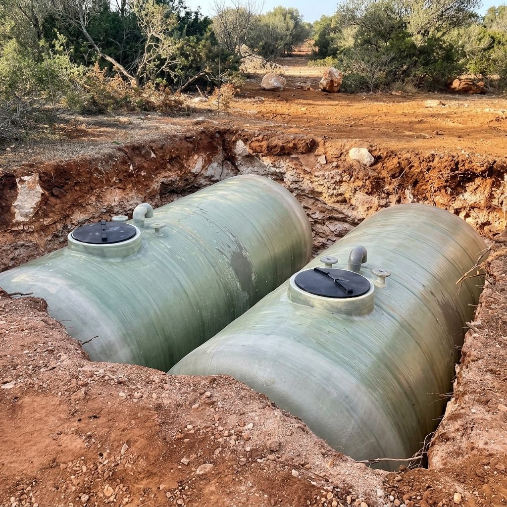 Two fibreglass tanks of a Graf sewage treatment plant buried in a trench, installed by JSL in Mallorca