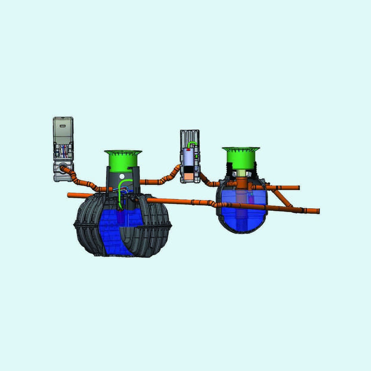 Vista 3D de una depuradora GRAF one2clean de dos depósitos con sus cuadros de control; imagen del catálogo del fabricante GRAF
