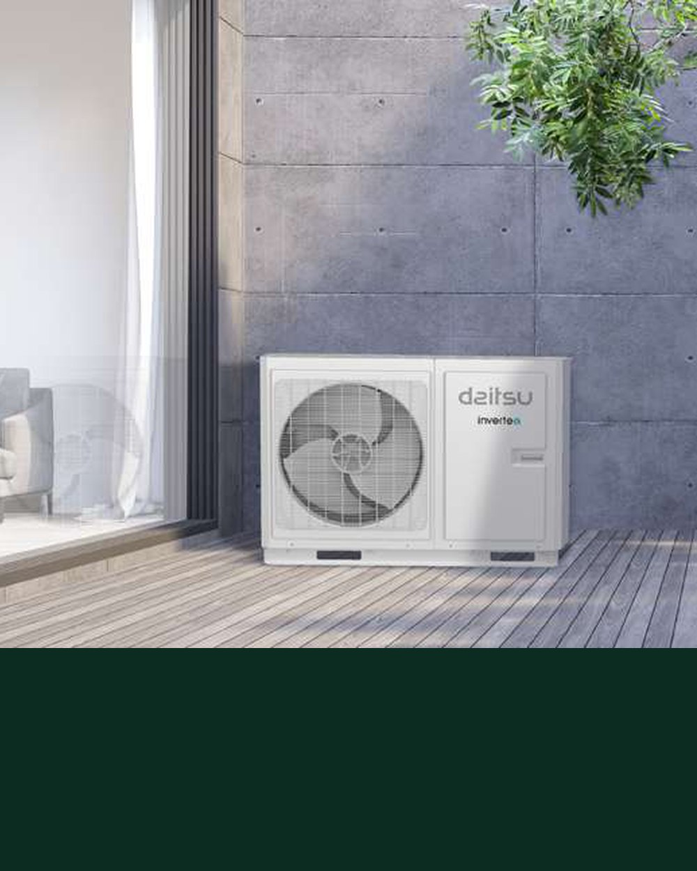 Bomba de calor Daitsu Monobloc Logik en una terraza. Imagen oficial del fabricante (Daitsu).