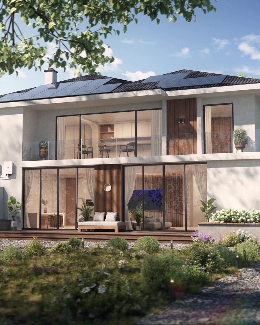 Imagen del fabricante (Huawei): vivienda con placas solares en la cubierta, de la web de Huawei FusionSolar, un ejemplo de instalación de autoconsumo
