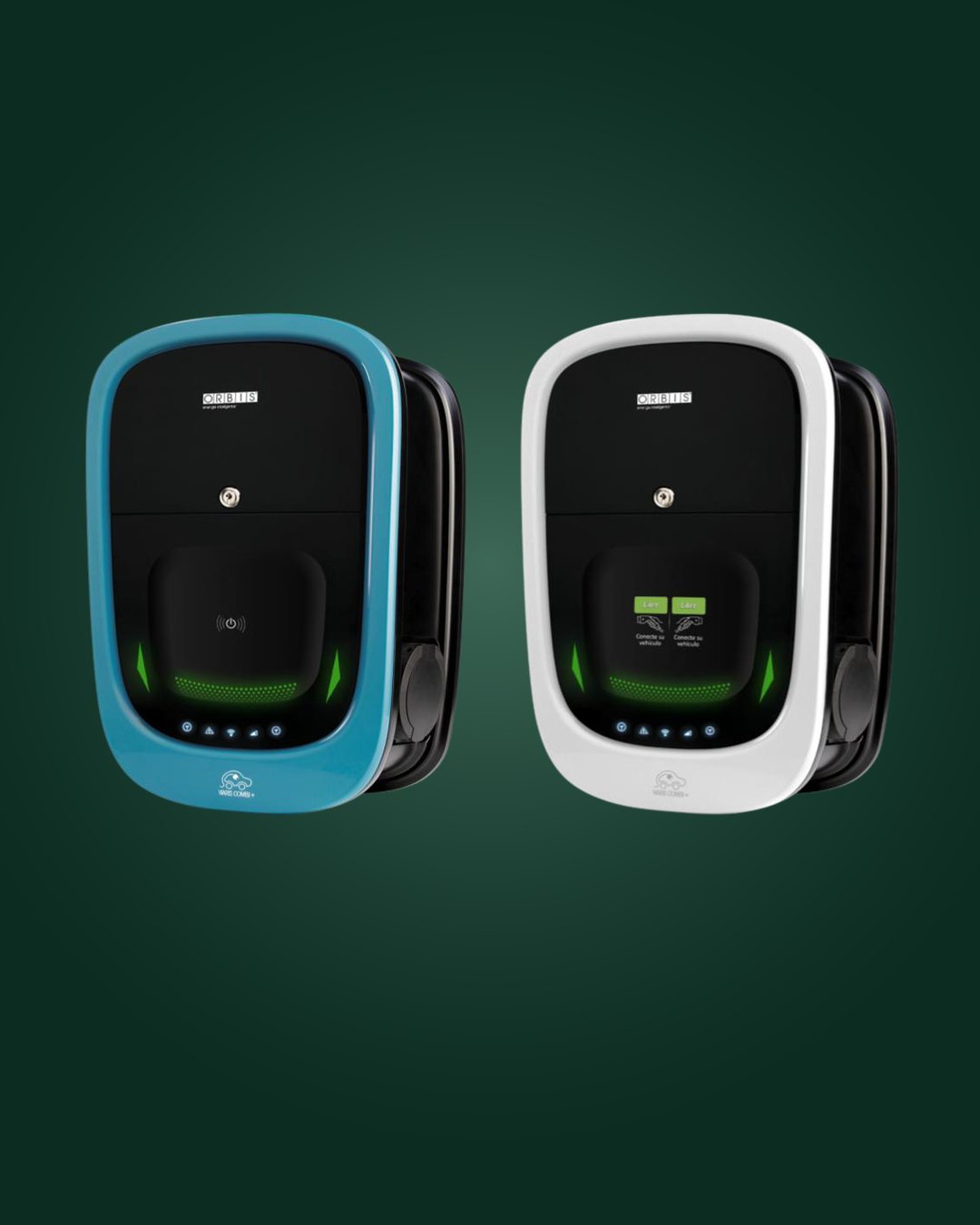 ORBIS Viaris Combi+ EV charger in blue and in white. Official manufacturer image, ORBIS