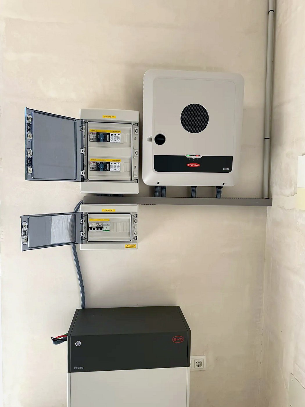 Hybrid inverter with its battery and DC/AC protection boxes, one of our installations in Mallorca