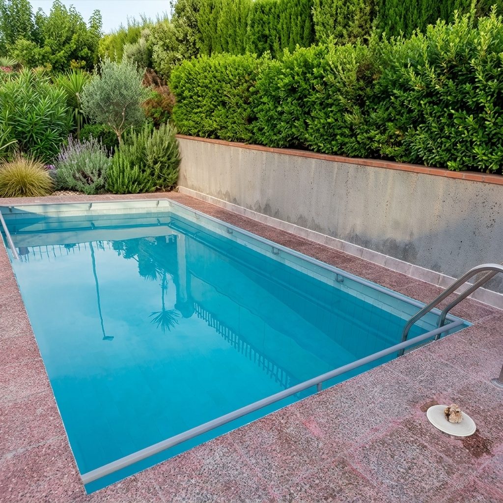 Piscina con escalera de acero inoxidable mantenida por JSL en Mallorca