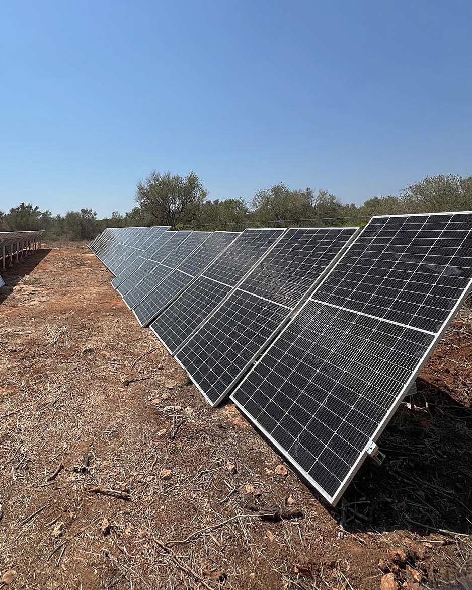 Bodenmontierte Solarmodule auf einem Grundstück mit roter Erde, eine JSL-Installation auf Mallorca