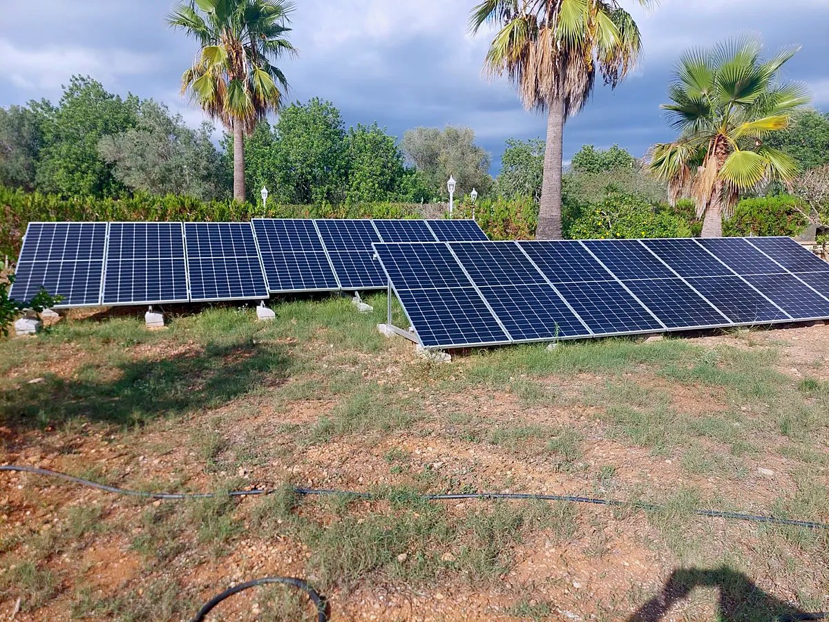 Placas solares sobre estructura en suelo en el jardín de una finca con palmeras, una instalación nuestra en Mallorca