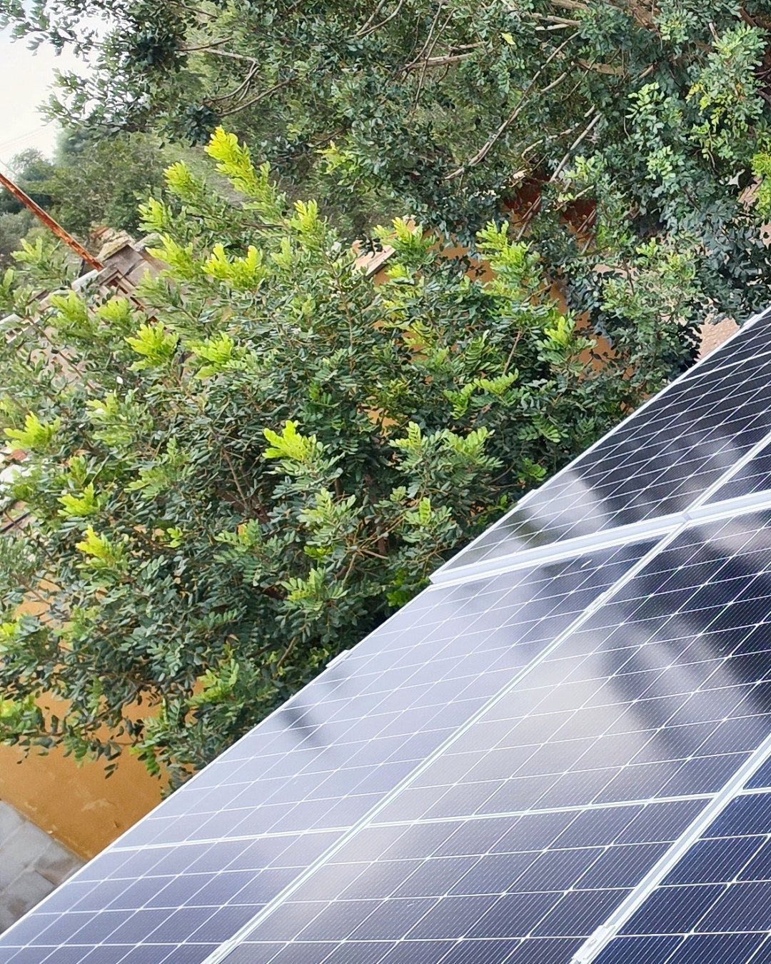 Placas solares sobre un tejado de teja rodeado de árboles, instalación de JSL en Mallorca