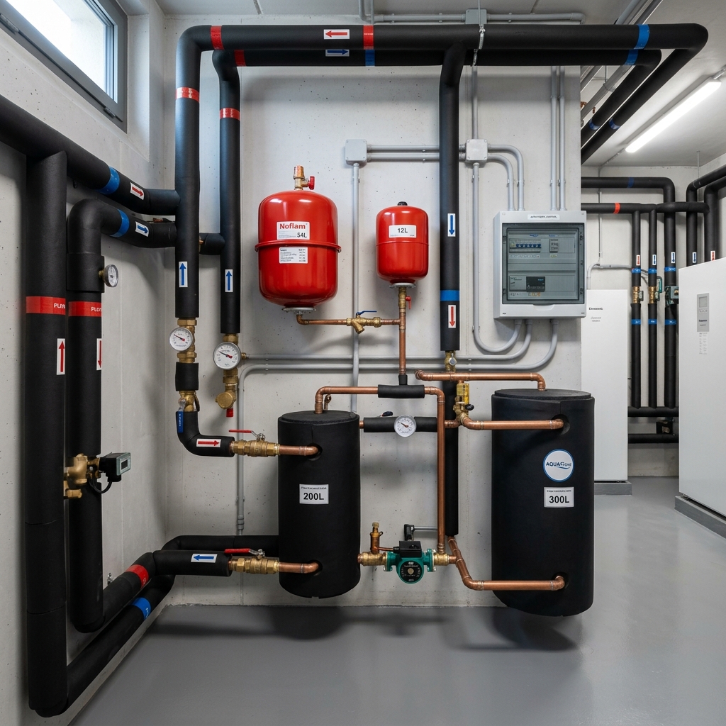 Sala de máquinas premium de aerotermia conforme al RITE y suelo radiante en Porto Cristo, Mallorca, instalada por JSL